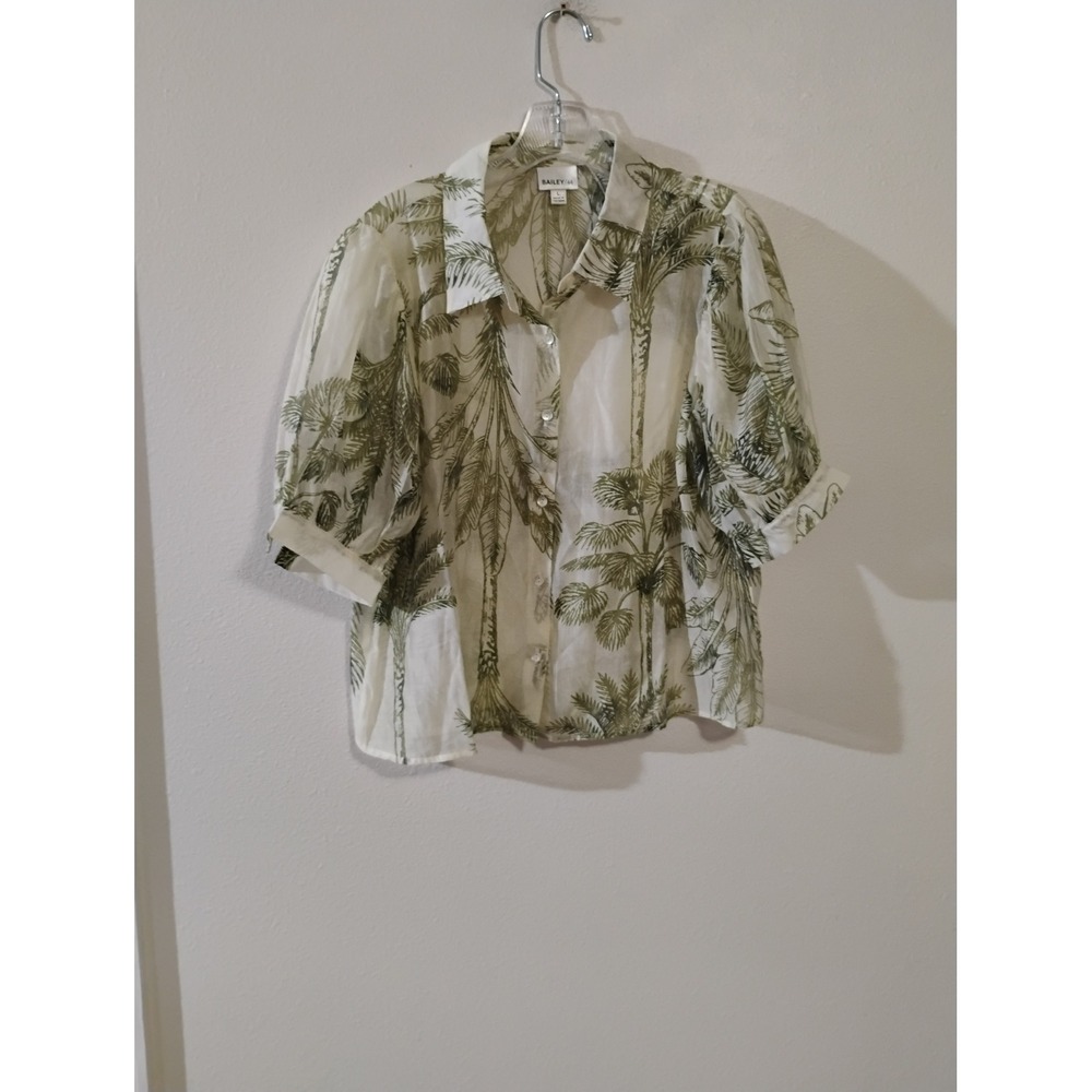 Bailey 44 Palm Tree Print Puff Sleeve Button Front Blouse Green White Large